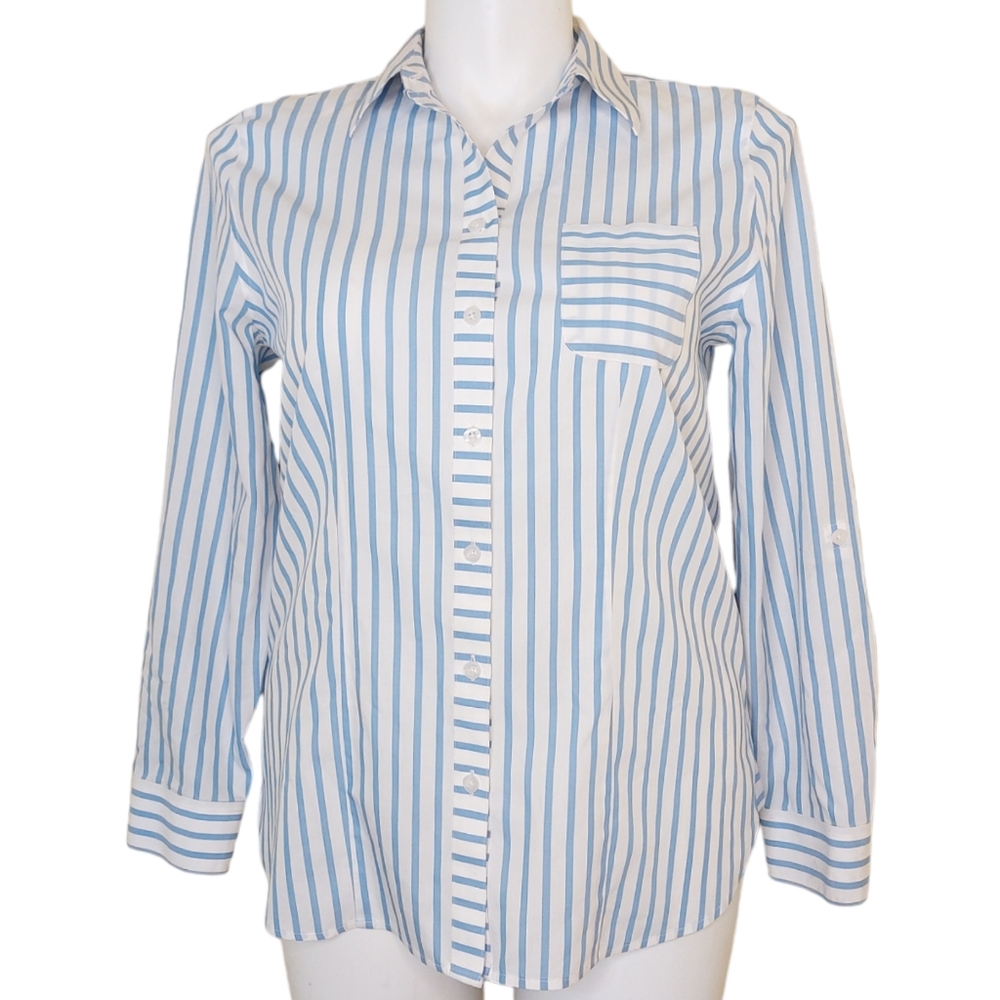 Chico's No Iron Blue & White Striped 100% Cotton Button Down Blouse